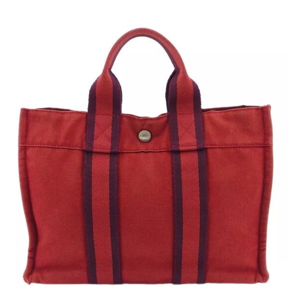 HERMES Tote Bag Bordeaux x Cotton Canvas Authentic Used - Picture 1 of 8